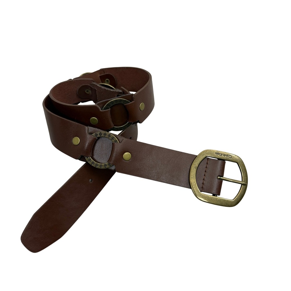 Calvin Klein Belt Womens Medium Brown Leather O-Ring Antique Brass Buckle